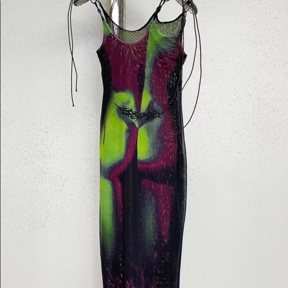 Double Layer Mesh See Through Drawstring Print Sexy heat map dress